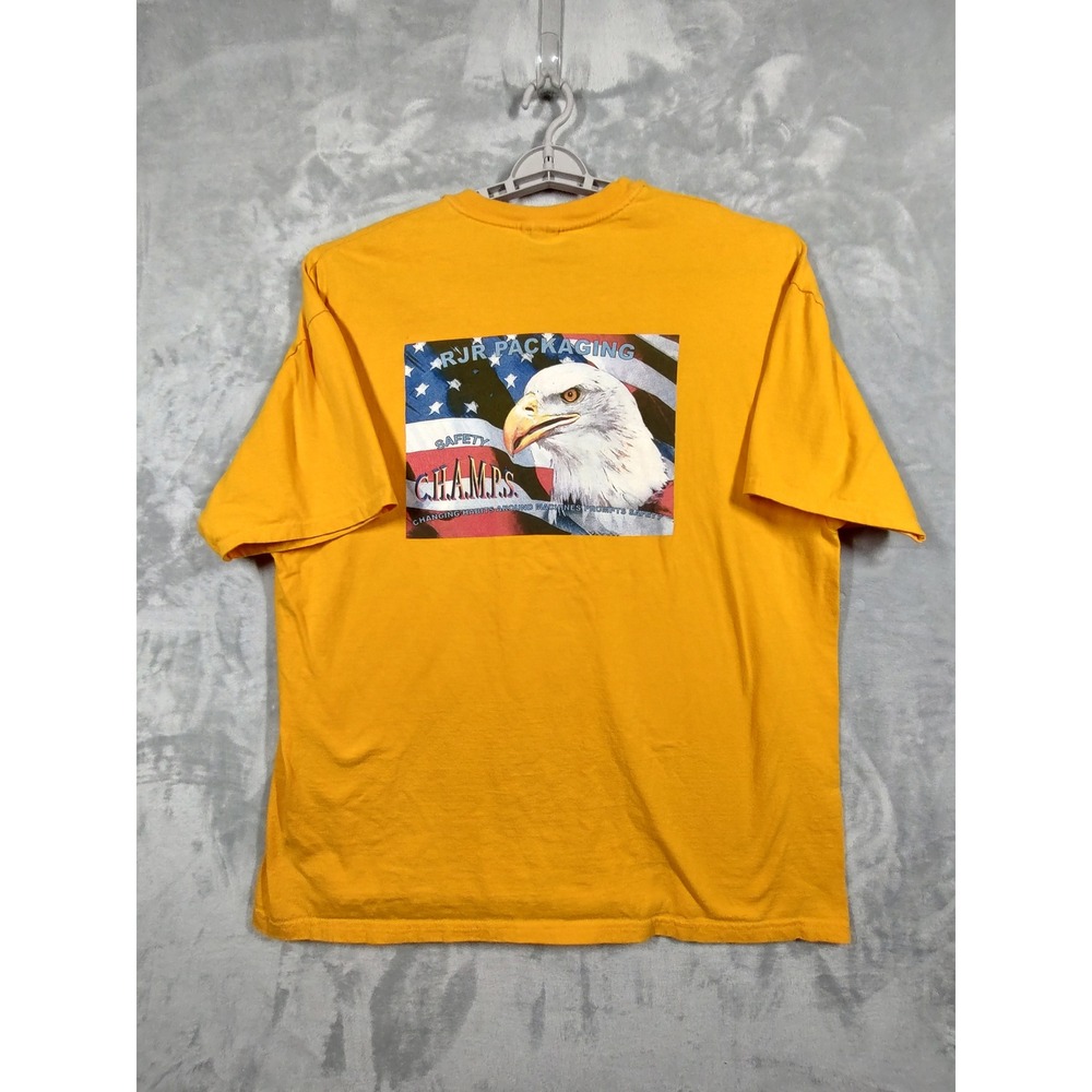 Vintage Hanes Beefy-T RJR Packaging Safety Champs Eagle Pocket T-Shirt XXL Gold